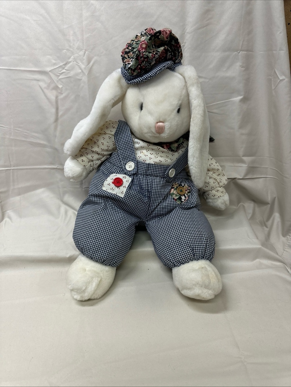 Plush White Bunny in Blue Gingham Overalls with Floral Hat